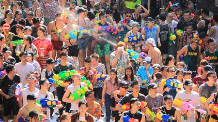 Happiness Tourist Playing Water On Songkran  Water Festivals Or Thai New Yearのeditorial素材