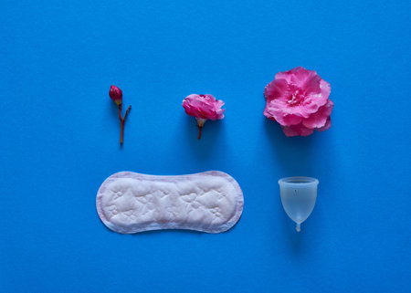 The evolution of a menstrual cycle from light to heavy flow - flat lay, conceptの写真素材