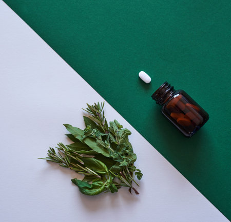 Herbal versus chemical medicine - alternative remedies flat lay comparisonの写真素材