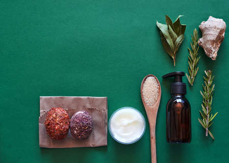 Homemade aromatherapy bath and spa products on a green background. Flat layの写真素材