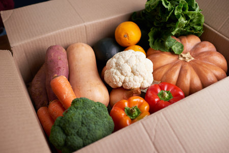 Close up of vegetable box that has just been delivered with seasonal fresh vegの写真素材