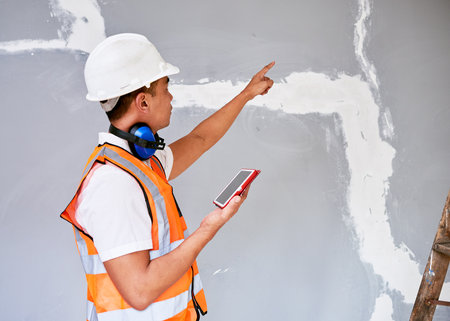An Asian construction worker points to crack repairs and evaluates with tablet