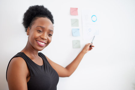 Attractive Black woman gives presentation at work points to chart on wallの写真素材