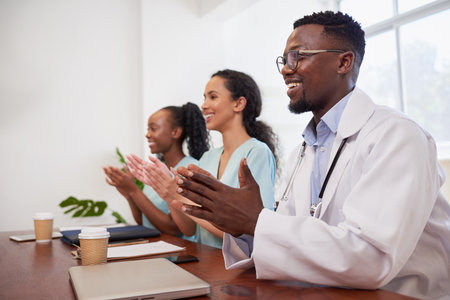 Three doctors in a row, clapping at medical presentation in hospital boardroomの写真素材