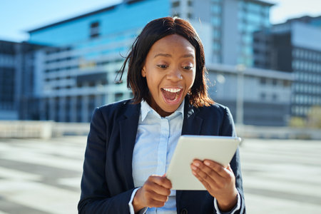 Excited Young Female Entrepreneur Using Tablet in Urban Environmentの写真素材