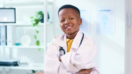 Smiling Young Boy Pretending to Be a Doctor in a Clinical Setting with a White Lab Coat and Stethoscopeの写真素材