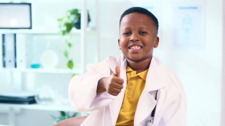 Smiling Young Boy Dressed as a Doctor Giving a Thumbs Up in a Bright Modern Clinic Settingの写真素材