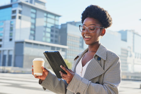 Happy Businesswoman Enjoying Coffee and Tablet in Urban Settingの写真素材