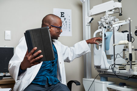 Optometrist in Professional Office Examines Equipment with Focus on Advanced Eye Care Technology