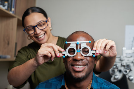 Optometrist Fitting Trial Frames for Smiling Patient in an Optometry Officeの写真素材