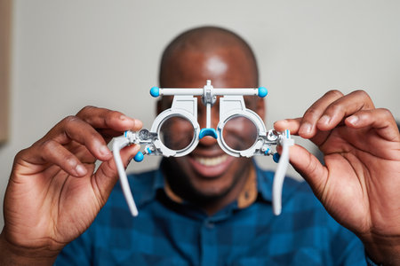 Optometrist Holding Trial Frame in Optical Clinic for Vision Testing