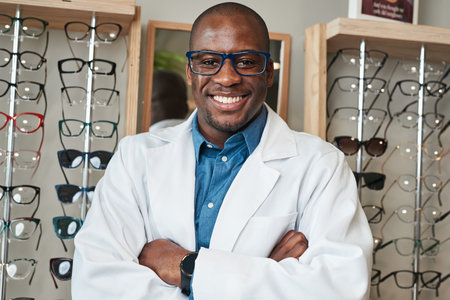 Confident Optometrist Smiling in Optical Store with Eyeglasses Displayed in Backgroundの写真素材