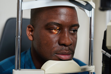 Optometrist Conducting Eye Examination With Specialized Equipment in Modern Clinic Setting