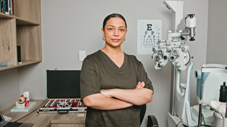 Professional Optometrist Standing Confidently in Her Modern Clinicの写真素材