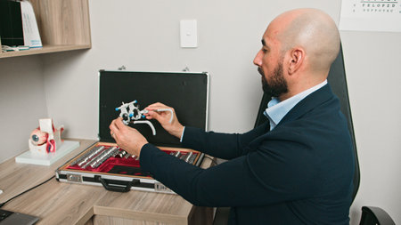 Professional Optometrist Examines Equipment and Tools in Office Settingの写真素材