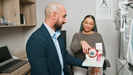 Optometrist Meeting with Patient Showing Eye Model for Education