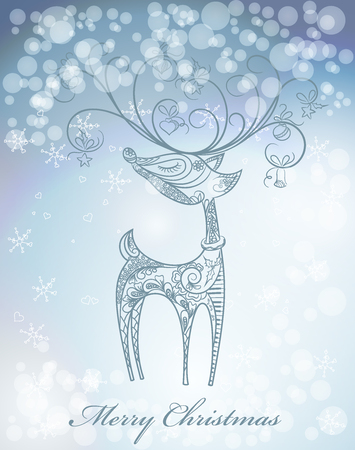 Hand drawn Christmas deer on snowfall backgroundのイラスト素材