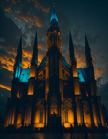Cathedral of Saint gudula in Belgium. Beautiful Gothic church architecture building perspective dusk light landmark travel city evening concept ai art digital photographyの写真素材