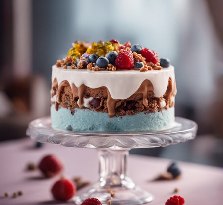 modern birthday cake with blue sponge berries, icing cream and passion fruit on a glass standの写真素材