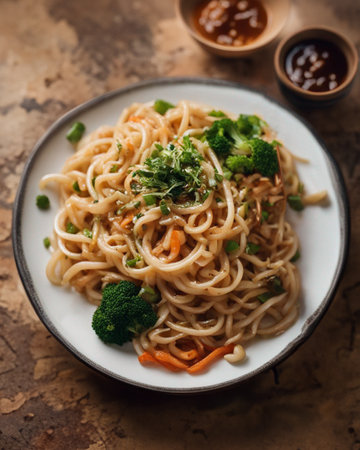 yaki udon noodles vegetarian with chilli sauce asian street food deliciousの写真素材