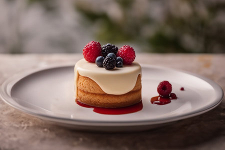 baby cake with cream and berries on a white plate isolated