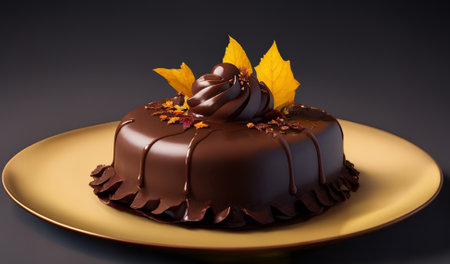 Chocolate cake decorated with autumn leaves on a dark background, close-up