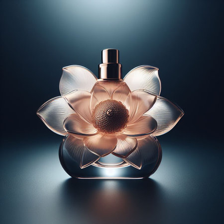 Bottle of perfume with flower on dark background concept design scentの素材
