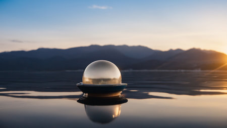 glass light buoy on water with mountains in the background and sunrise navigation hazard floatの写真素材