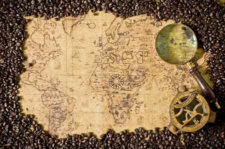 coffee beans with old mapの写真素材