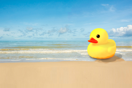 duck rubber on the beachの写真素材