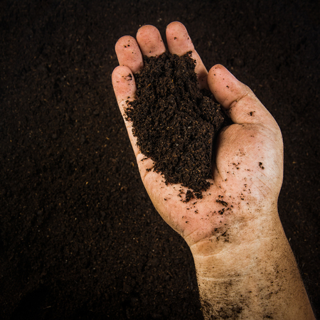 Hands dirty with clay , soil backgroundの写真素材