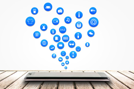 smart phone or tablet on white background with shopping icon set or product icon set, Koncept shopping onlineの写真素材
