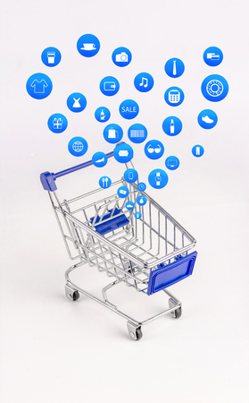 Shopping cart with Shopping icon on white background , Koncept shopping onlineの写真素材