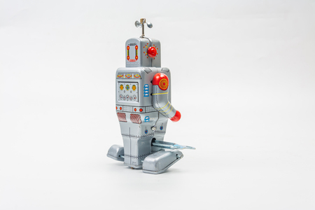 robot tin toy on white background .の写真素材