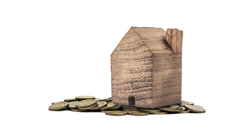 WOOD HOUSE miniature with coin on white background  ,Property concept .の写真素材