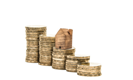 WOOD HOUSE miniature with coin on white background  ,Property concept .の写真素材