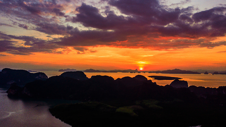 High angle  Aerial photo of  landscape sunset and  Mountain in Krabi Thailand .の写真素材