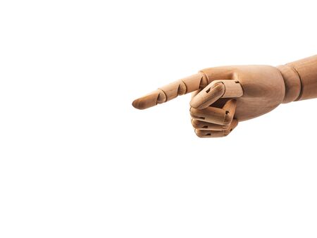 hand of wood doll make fingers to touch on white bakground .の写真素材