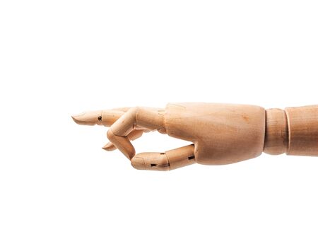 hand of wood doll make fingers to touch on white bakground .の写真素材
