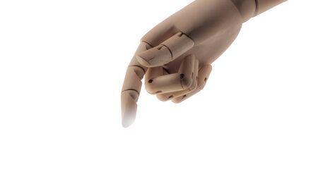hand of wood doll make fingers to touch on white bakground .の写真素材