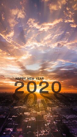 Happy new year  2020 two thousand twenty with sunset in the morning .