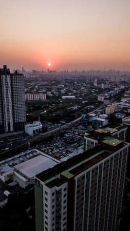High angle view Aerial photograph of landscape city and sunsetのeditorial素材