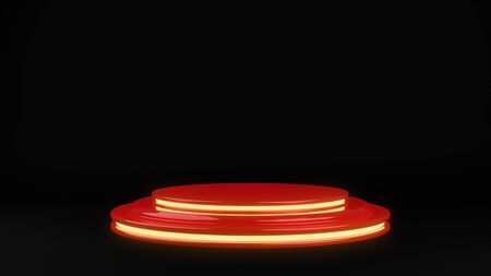 Stage Podium Scene for Award Ceremony illuminated with spotlight. Award ceremony concept. Stage backdrop. 3d renderingの写真素材
