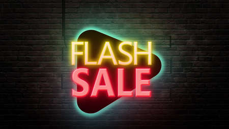 Flash sale sign emblem in neon style on brick wall backgroundの写真素材