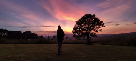Woman's silhouettes and Landscape of sunset and  mountain viewpoint  in Phetchabun province...