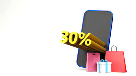 30% symbol with shopping bag and smartphone , 3D render isolated background