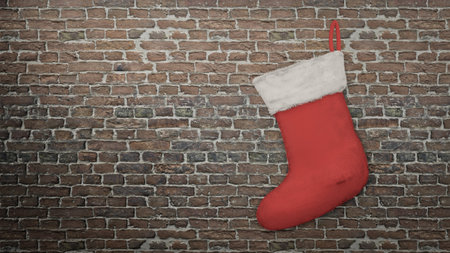 Red Santa sock on Brick wall background , 3D renderの写真素材