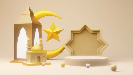 Crescent moon and stars golden with Mosque Islamic symbol 3D renderingの写真素材
