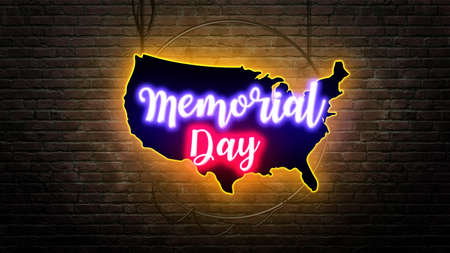 memorial day sign emblem in neon style on brick wall backgroundの写真素材