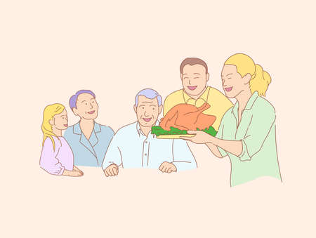 Thanksgiving Celebration Tradition Family Dinner Concept holidays and people concept - happy familyのイラスト素材